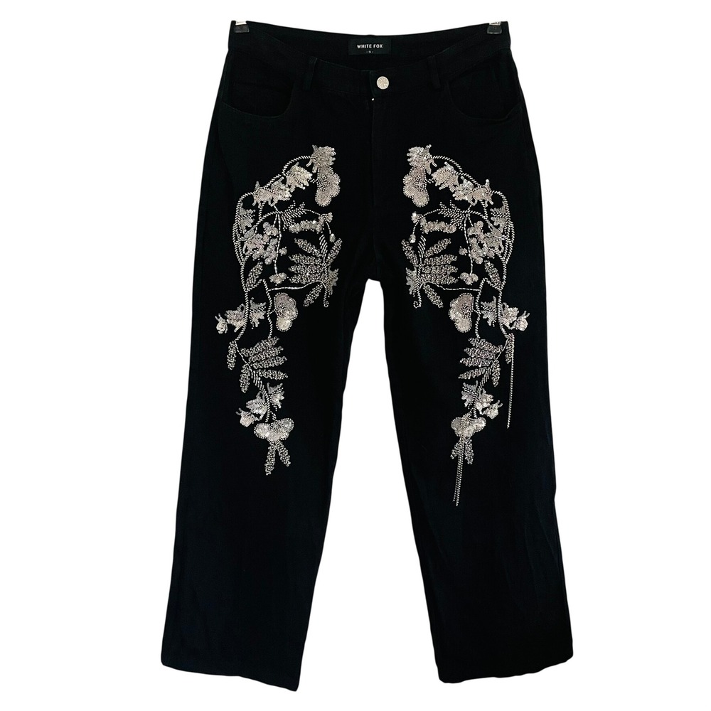EUC White Fox Black Beaded Floral Embellished Straight Leg Jeans Women SM Unique